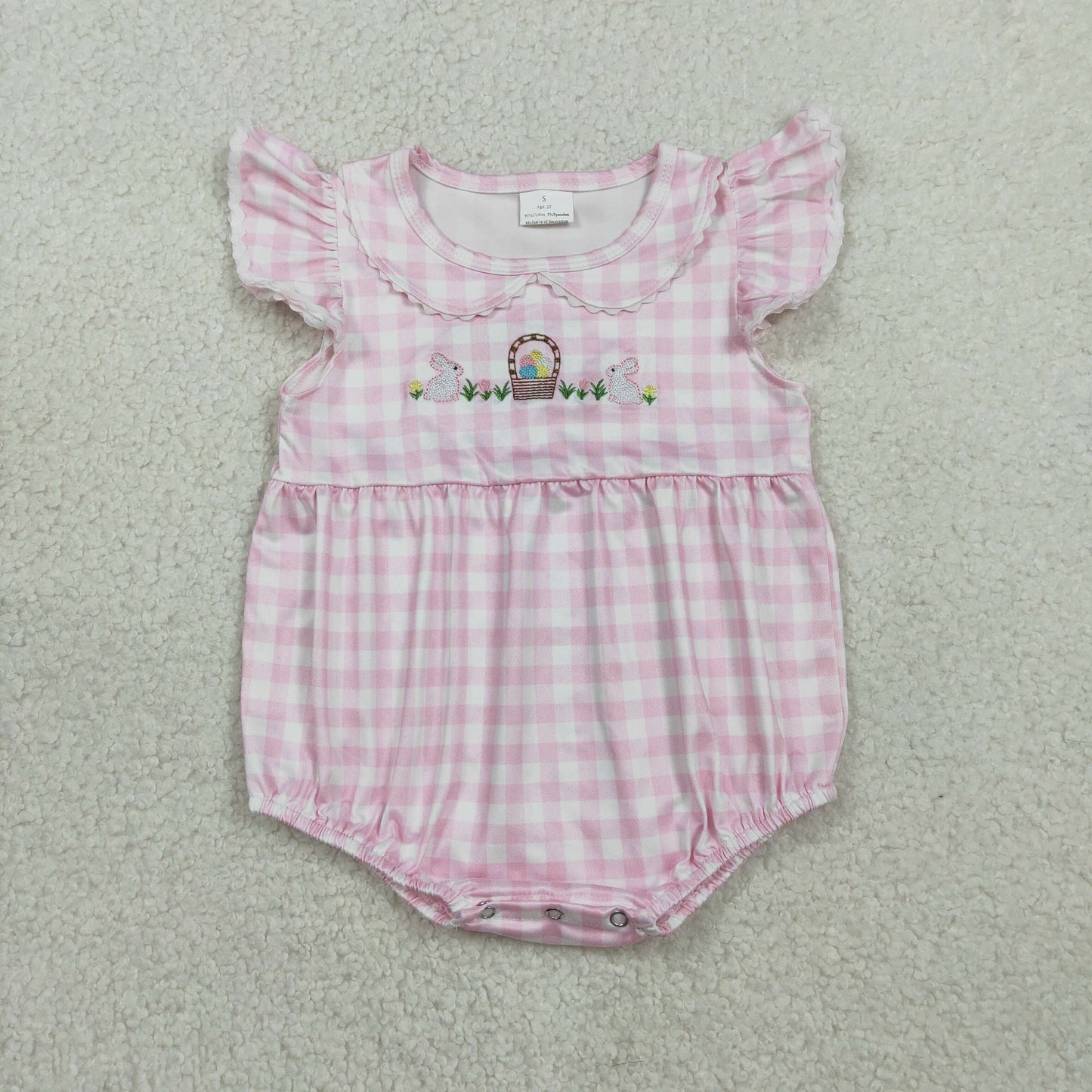 RTS Baby Girls Short Sleeves Embroidery Rabbits Eggs Easter Pink Plaid Bubble Romper