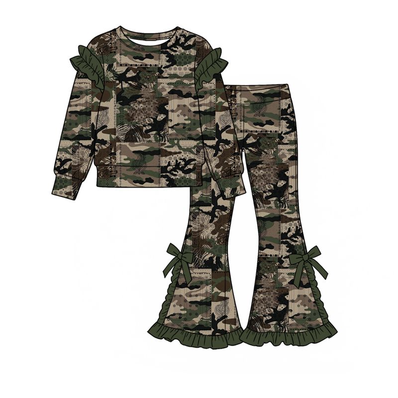 Moq 5 Preorder Baby Girls Kids Long Sleeves Camo Shirt Bows Pants Set Clothes