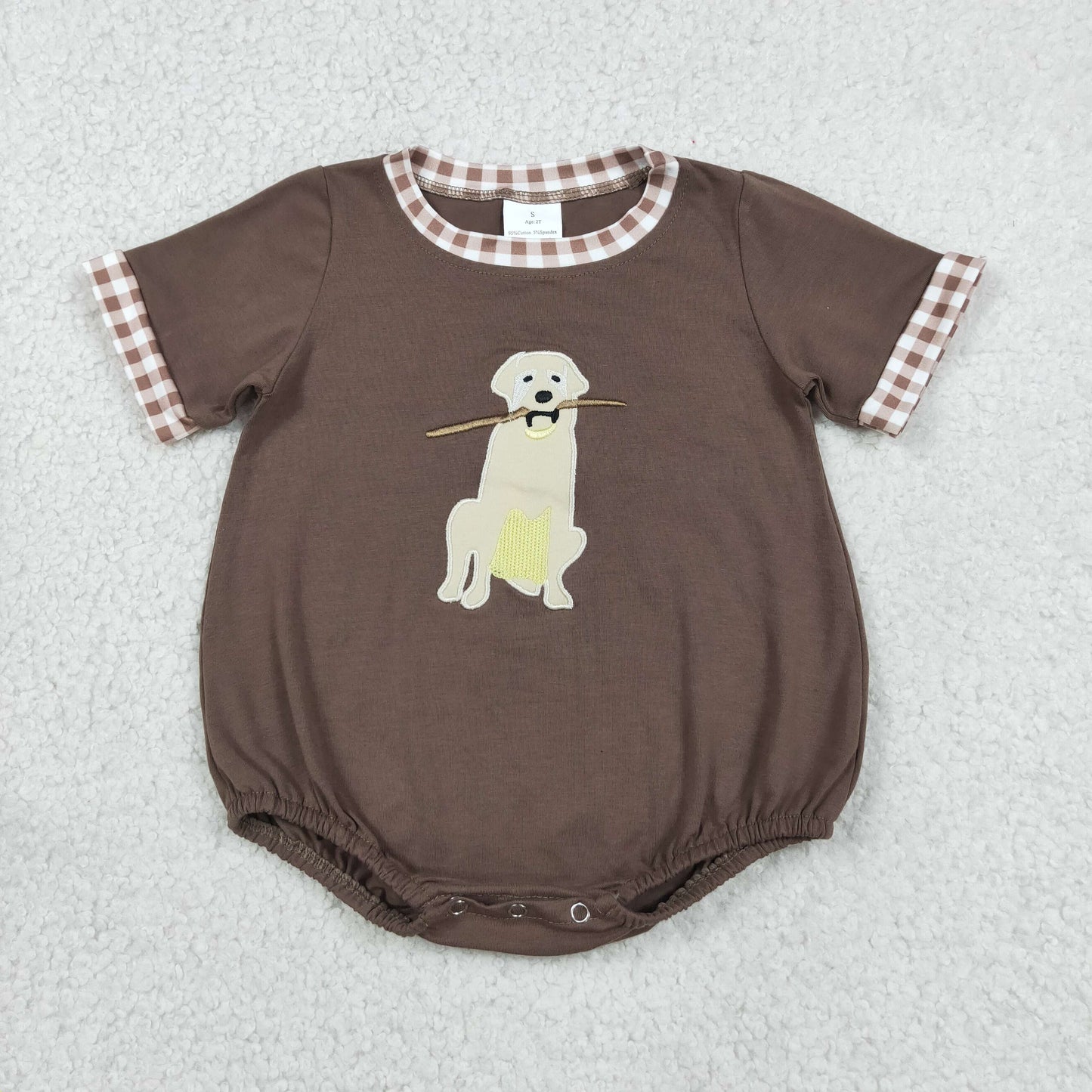 Baby Boys Infant Short Sleeves Embroidery Dog Hunting Brown Bubble Romper