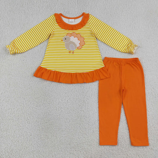 Baby Girls Kids Embroidery turkey Stripes Tunic Orange Pants Set Fall Clothes
