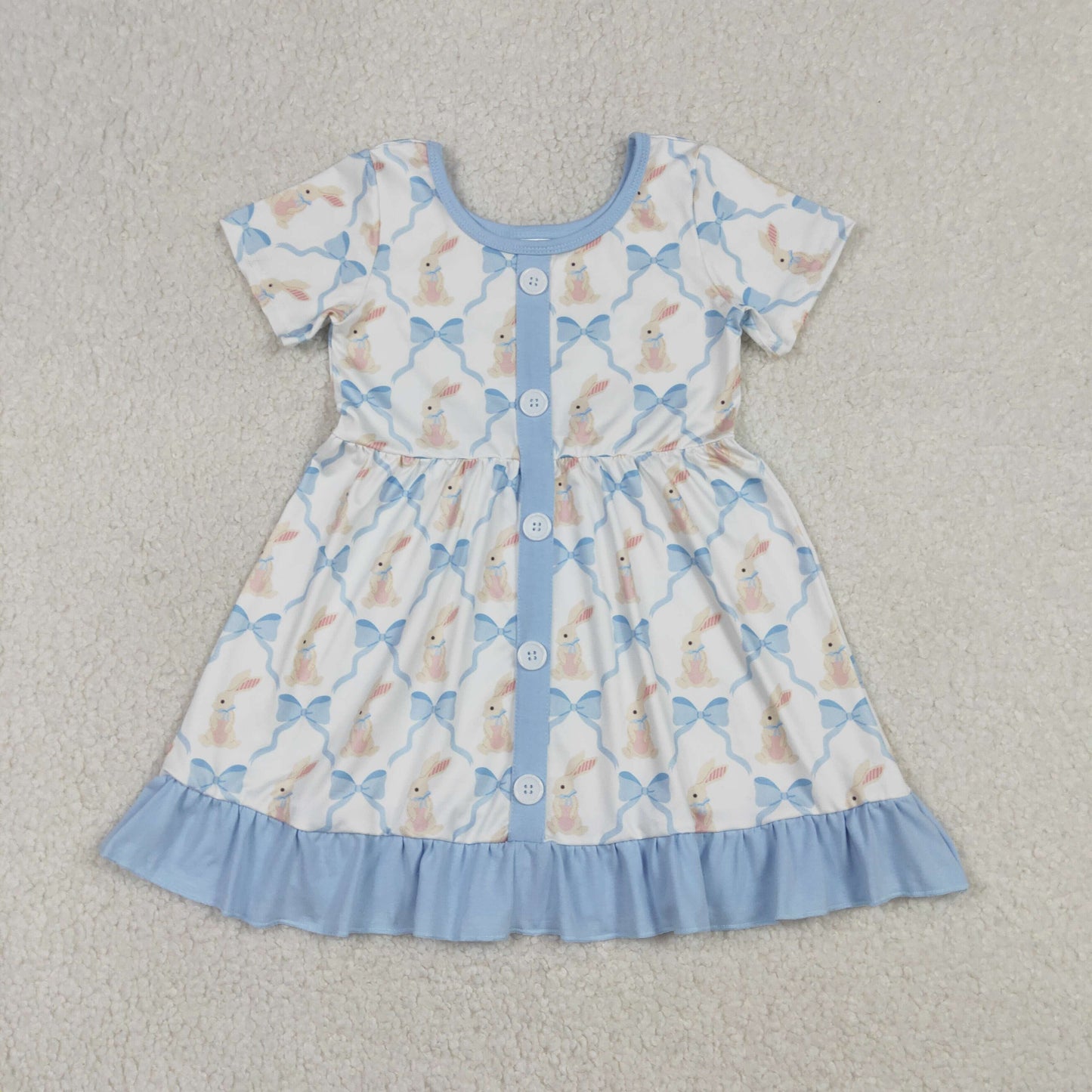 RTS Baby Girls Short Sleeves Blue Bows Rabbits Buttons Ruffle Easter Knee Length Dress