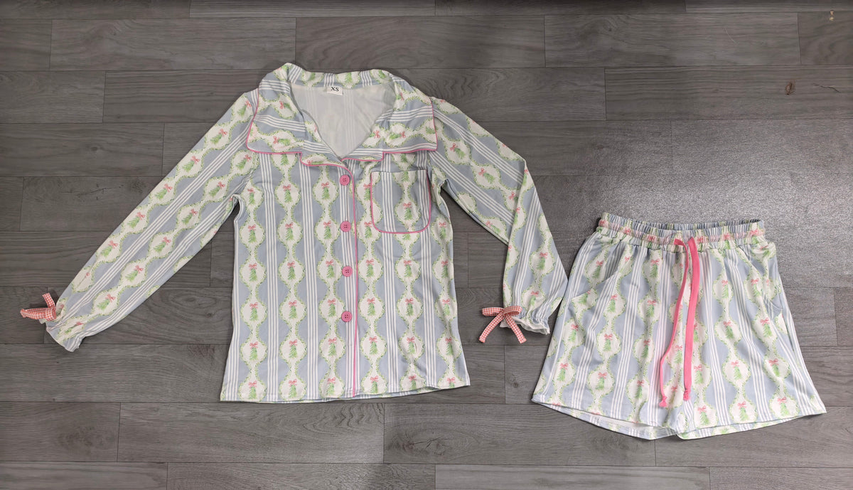 No moq Preorder Adult Women Long Sleeves Christmas Tree Bows Buttons Tops Shorts Pajamas Blue Set