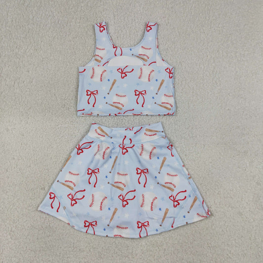 Baby Girls Kids Baseball Bows Tops Blue Skirt Shorts Yoga Summer Set
