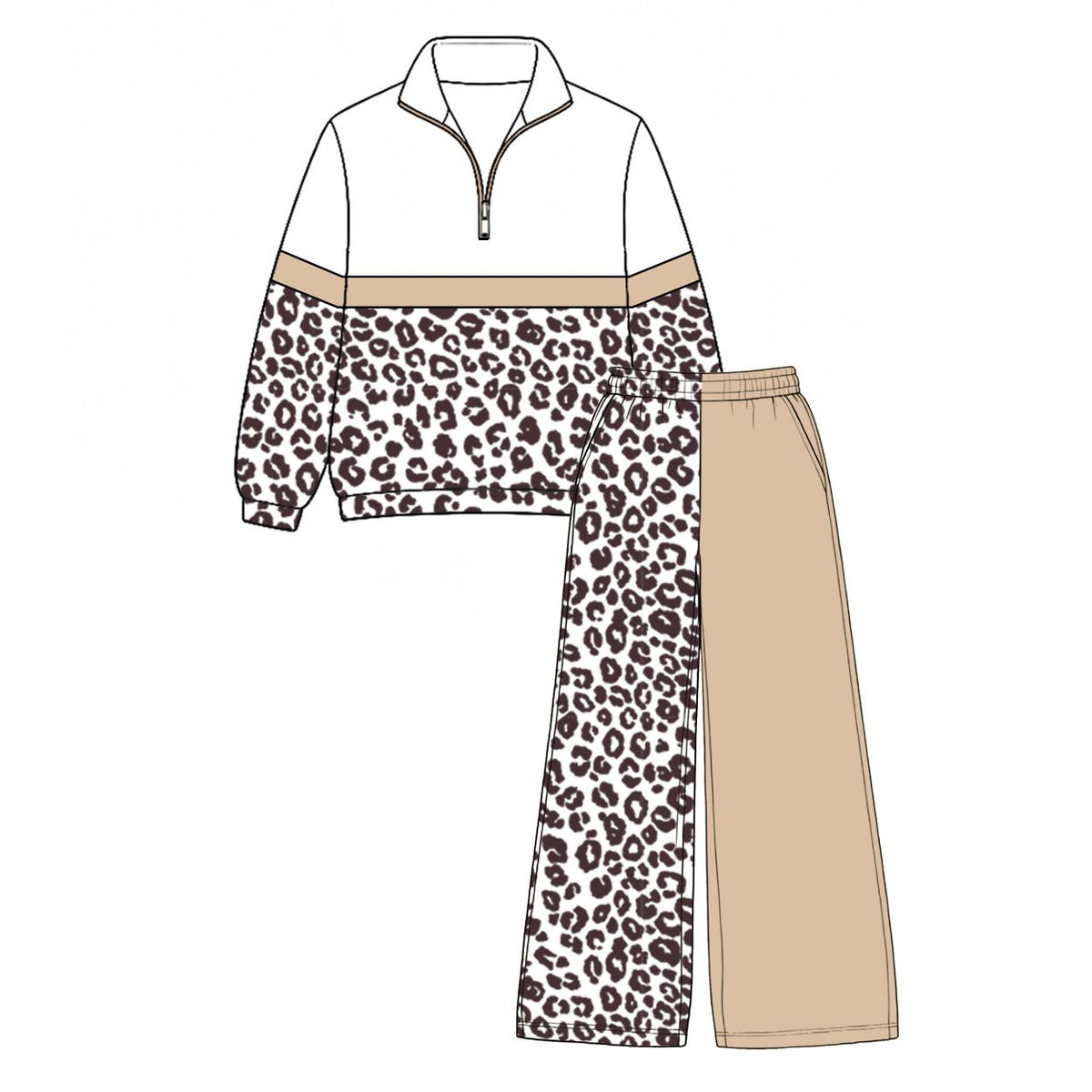 Moq 5 Preorder Baby Girls Kids Long Sleeves Zipper Leopard Pullover Light Khaki Pockets Pants Set Clothes