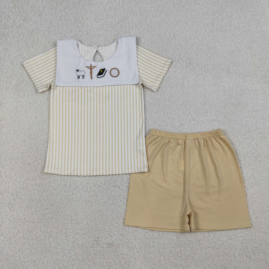 RTS Sibling Baby Boys Girls Embroidery Cross Tops Shorts Easter Sets Romper Clothes