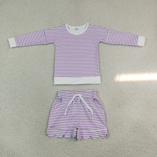 Baby Girls Kids Long Sleeves Purple Stripes Shirt Scallop Shorts Set Yoga Active Clothes