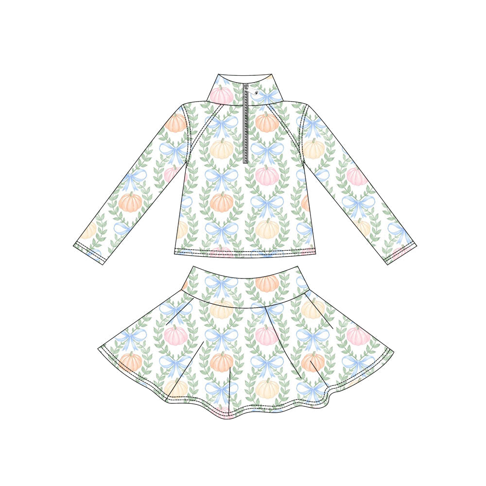 Preorder ( Moq 5 ) Baby Girls Kids Pumpkins Bows Zipper Shirt Skirt Shorts Yoga Active Set Fall Clothes