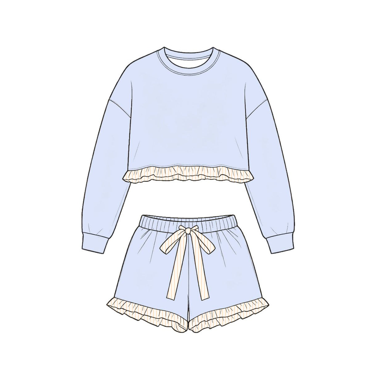 Moq 5 Preorder Baby Girls Kids Long Sleeves Blue Shirt Stripes Shorts Set Cotton Clothes