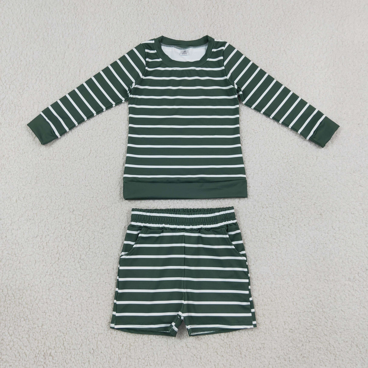 Baby Girls Kids Long Sleeves Green Stripes Shirt Pockets Shorts Set Yoga Active Clothes
