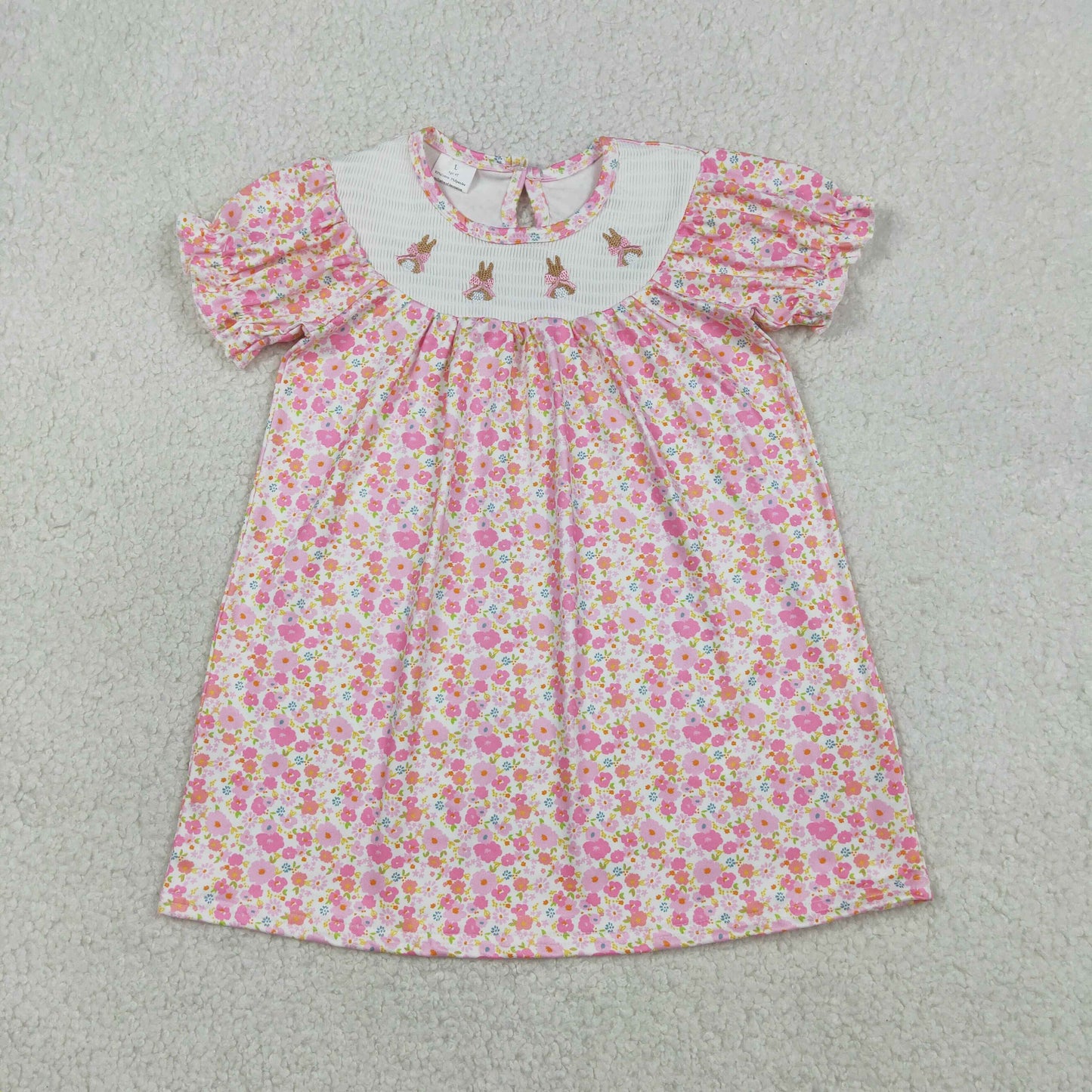 RTS Baby Girls Embroidery Smocked Rabbits Bows Floral Easter Pink Knee Length Dress