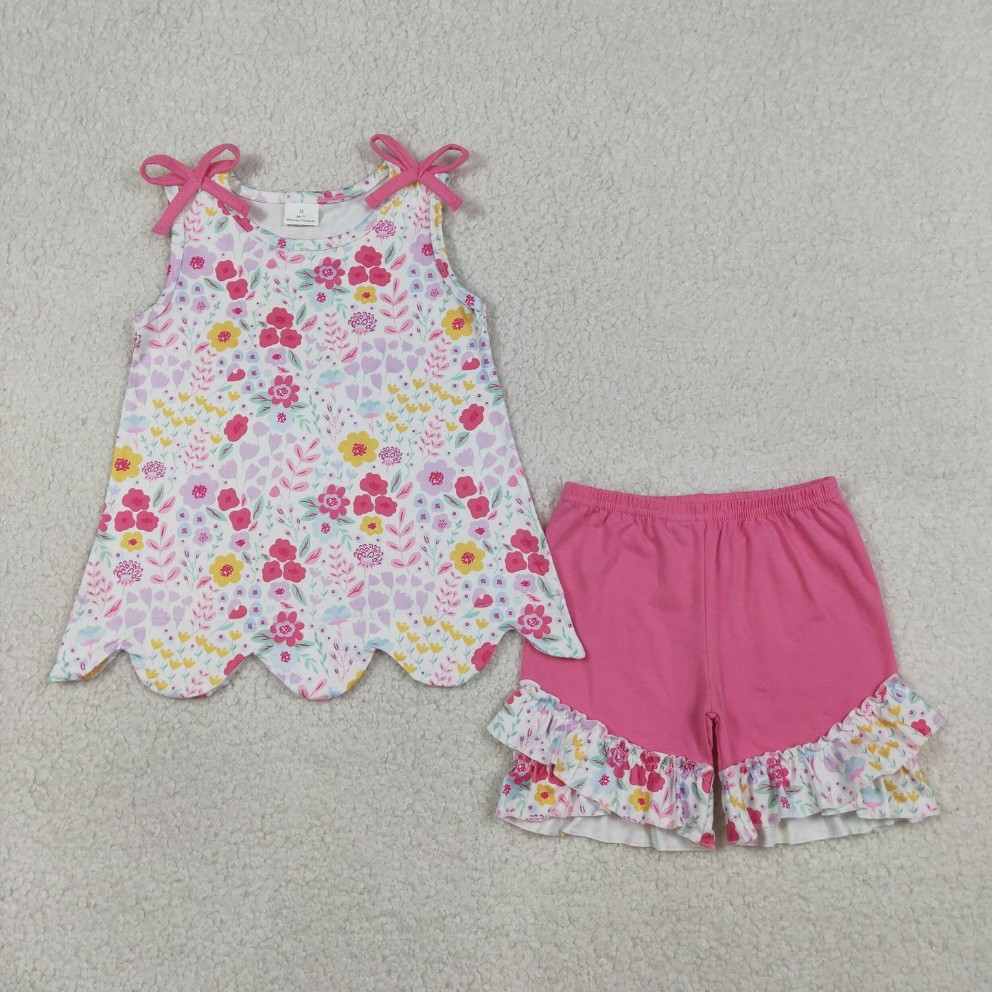RTS Baby Girls Kids Pink Bows Flower Scallop Tops Ruffle Shorts Summer Set