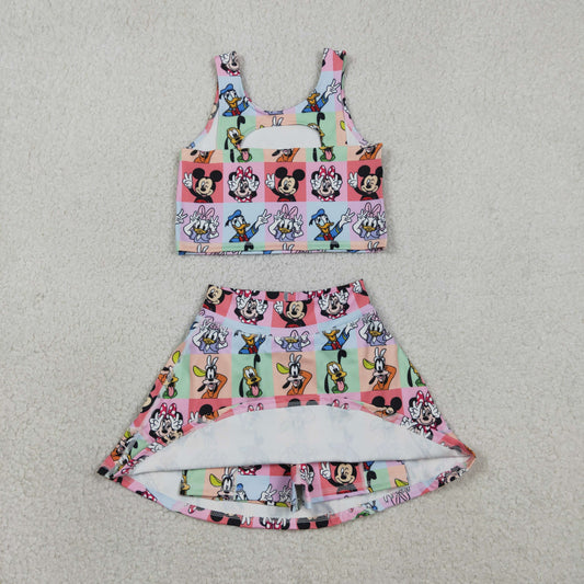 RTS Baby Girls Kids Sleeveless Cartoon Tops Shorts Skirt Yoga Active Colorful Set