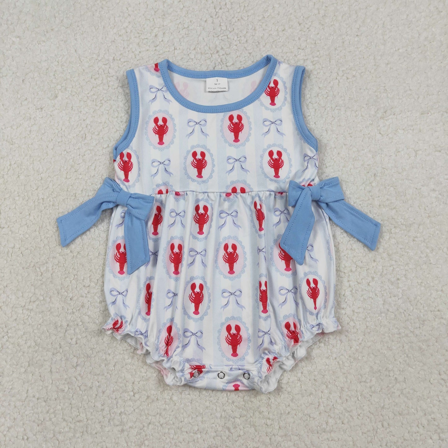 RTS Baby Girls Kids Sleeveless Crawfish Bows Stripes 4th of July Bubble Romper