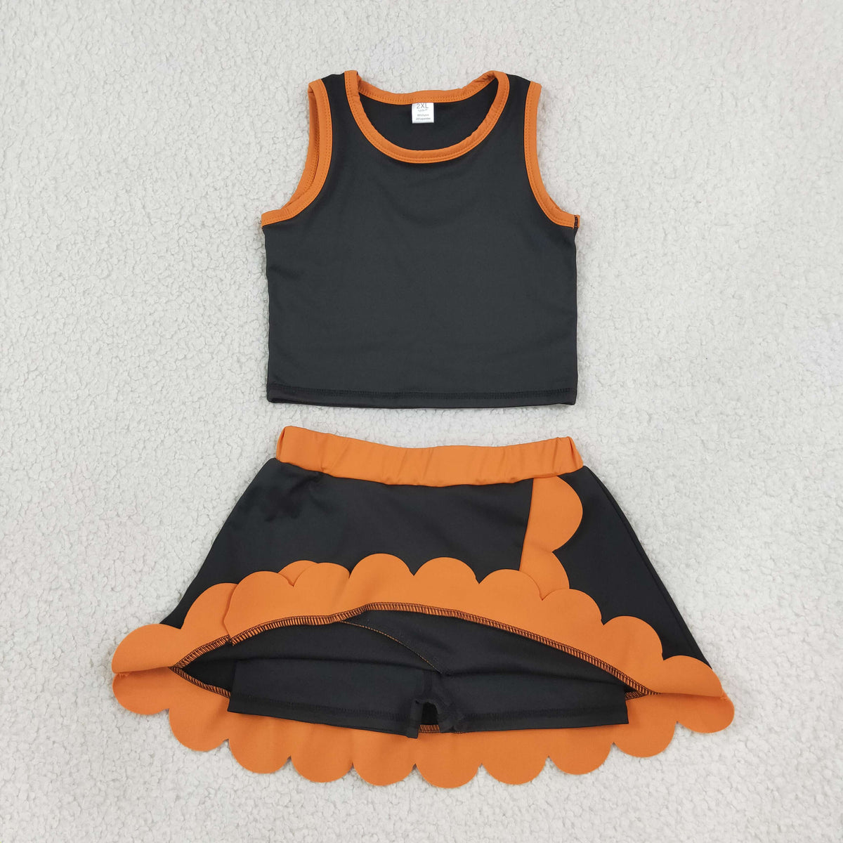 Baby Girls Kids Black Shirt Orange Scallop Skirt Shorts Yoga Active Set Clothes
