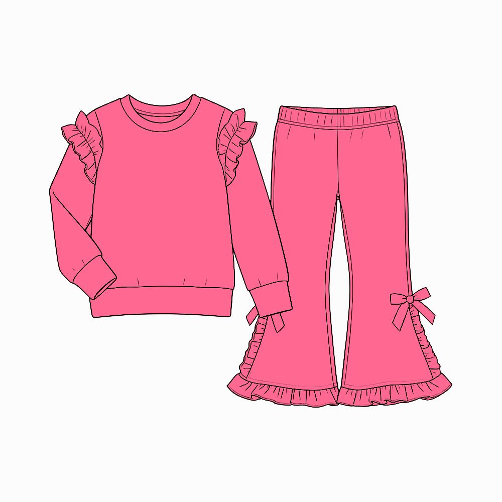 Moq 5 Preorder Baby Girls Kids Long Sleeves Hot Pink Shirt Bows Pants Set Cotton Clothes