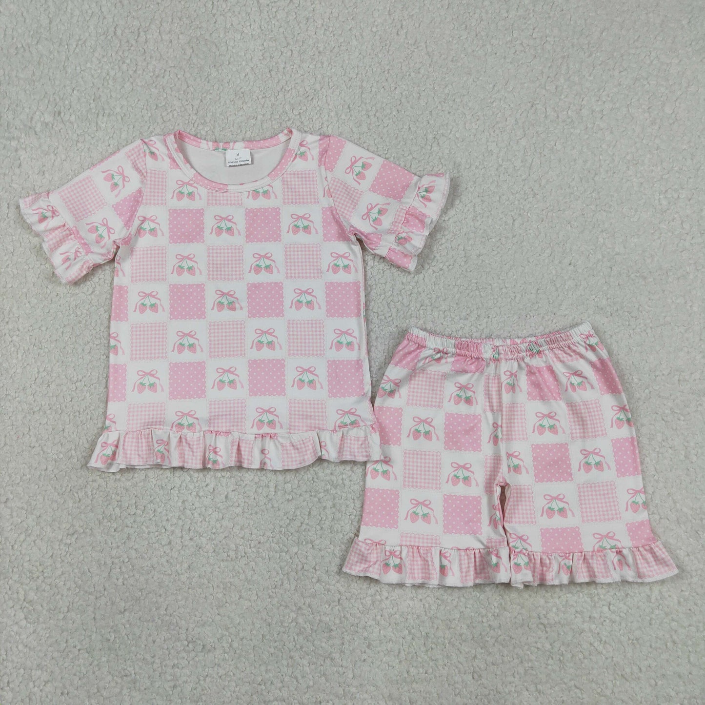 Baby Girls Short Sleeves Strawberry Bows Shirt Shorts Summer Clothes Set