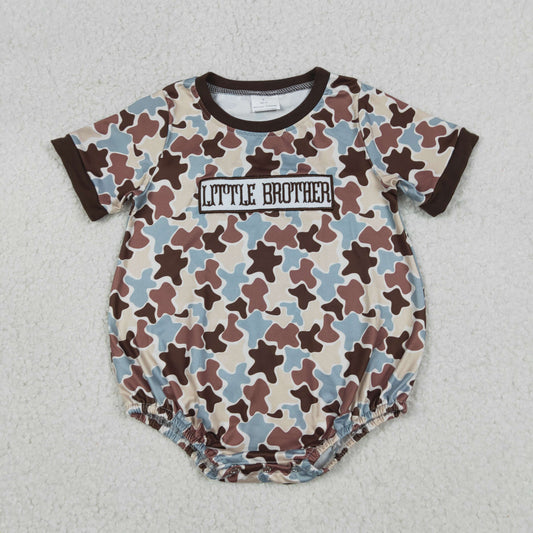 Baby Boys Short Sleeves Embroidery Little Brother Bubble Camo Romper