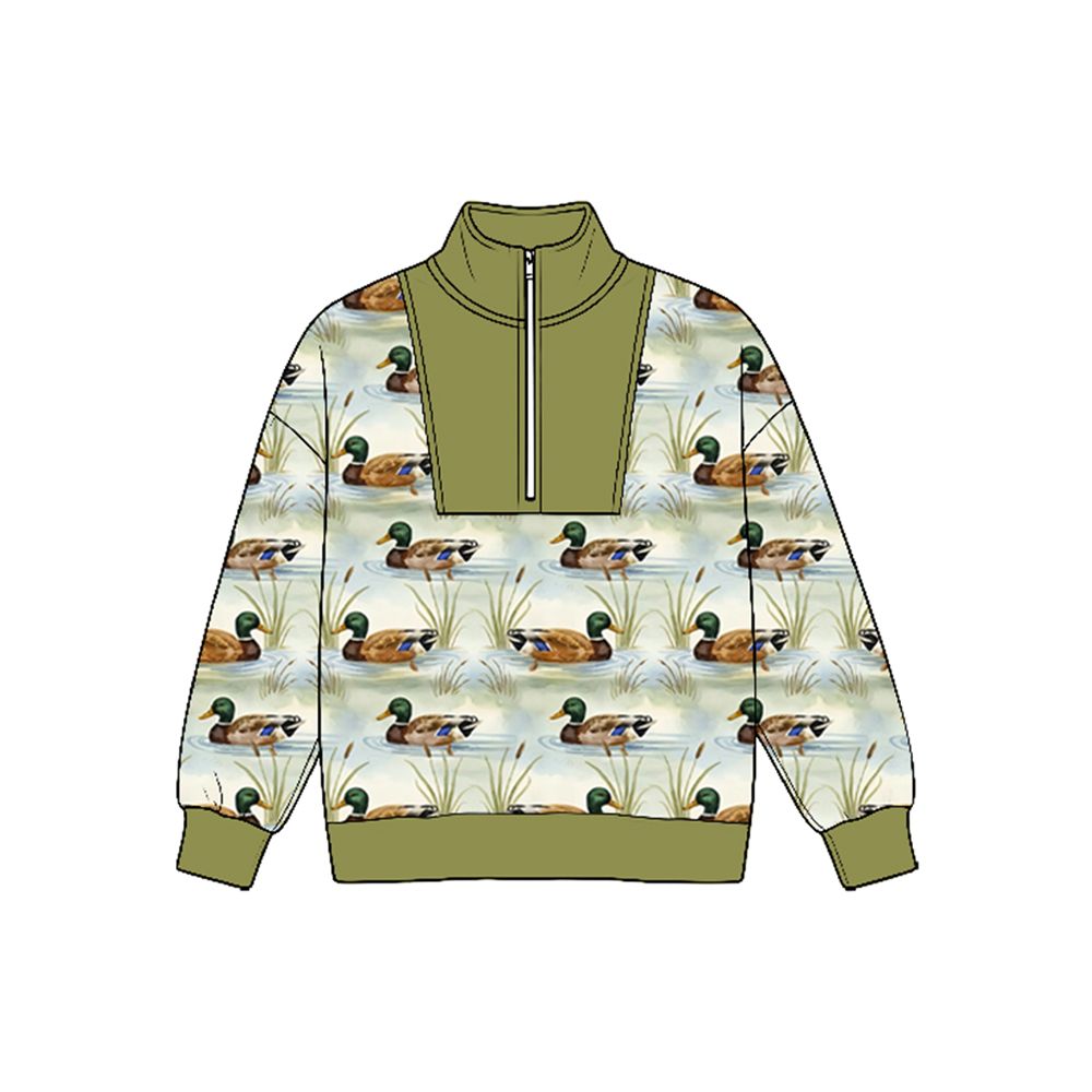 Moq 5 Preorder Baby Boys Kids Long Sleeves Half Zip Shirt Ducks Olive Pullover Tops