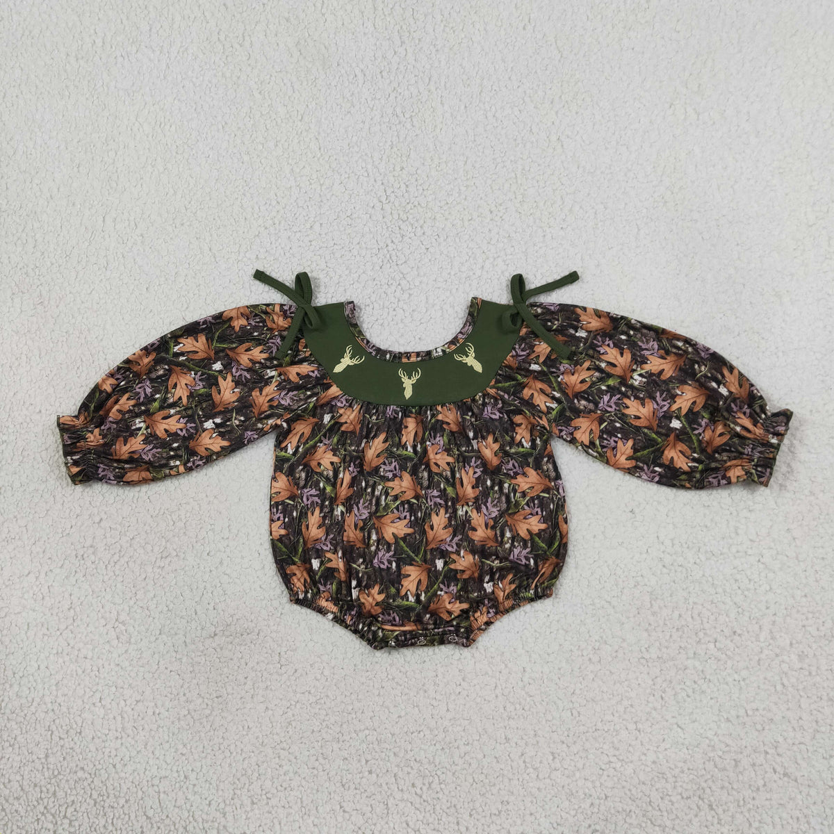 Baby Girls Infant Long Sleeves Embroidery Deer Camo Bows Bubble Romper