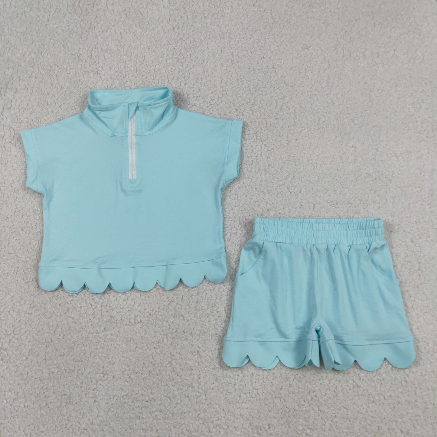 Baby Girls Kids Short Sleeves Zipper Shirt Scallop Shorts Blue Green Set