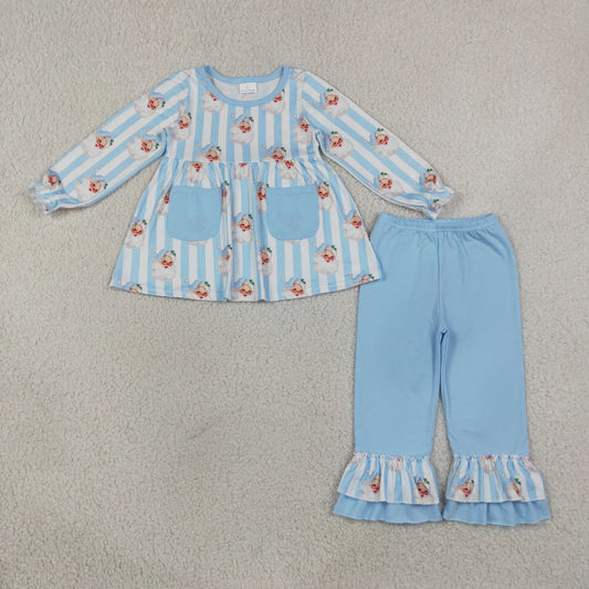 Baby Girl Kids Christmas Santa Stripes Pockets Tunic Blue Ruffle Pants Set Clothes