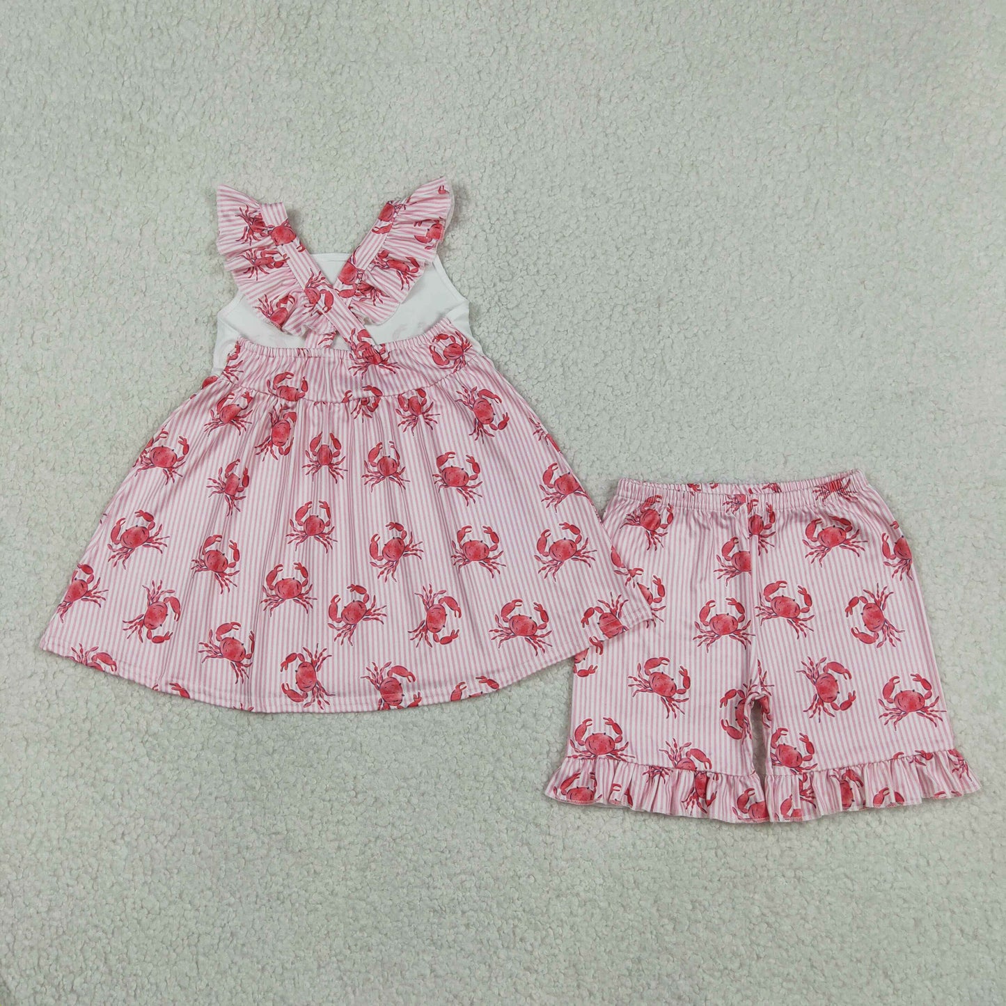 Baby Girls Short Sleeves Crabs Stripes Tops Ruffle Shorts Summer Clothes Set