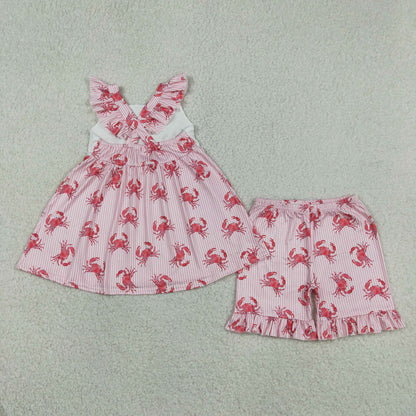 Baby Girls Short Sleeves Crabs Stripes Tops Ruffle Shorts Summer Clothes Set