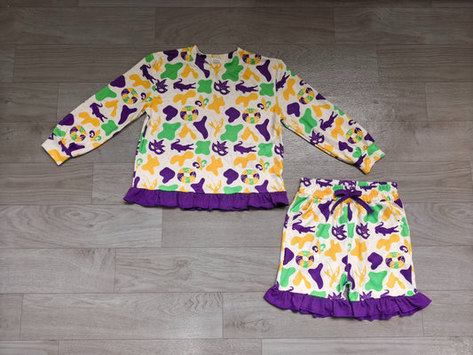 No moq Preorder Baby Girls Kids Tractors Donuts Camo Shirt Shorts Set Mardi Gras Clothes