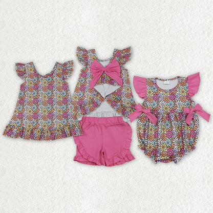 Sibling Baby Girls Kids Short Sleeves Flower Back Bow Tunic Shorts Set Romper Summer Clothes