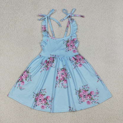 Baby Girls Kids Sleeveless Flower Knee Length Blue Dress Summer Clothes