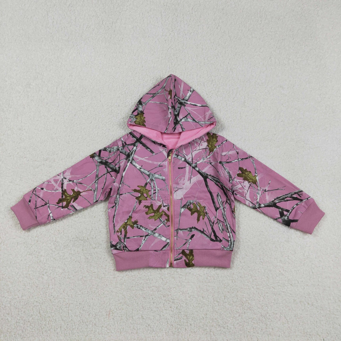 RTS Baby Girls Long Sleeves Southern Leaves Camo Zipper Pockets Pink Hoodie Jackets Coat