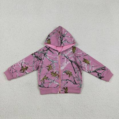 RTS Baby Girls Long Sleeves Southern Leaves Camo Zipper Pockets Pink Hoodie Jackets Coat