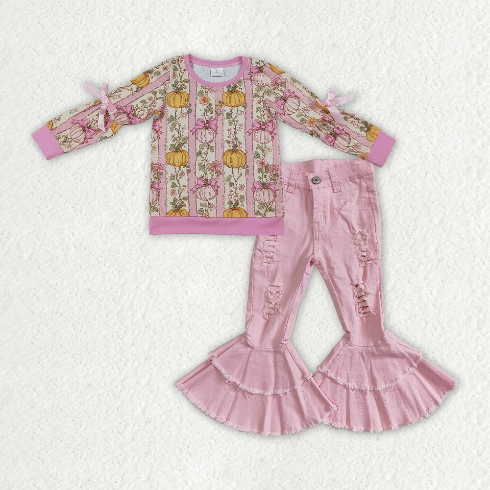 Baby Girls Pumpkins Bows Flower Shirt Pink Jeans Denim Pants Set Fall Clothes