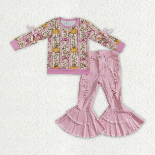 Baby Girls Pumpkins Bows Flower Shirt Pink Jeans Denim Pants Set Fall Clothes