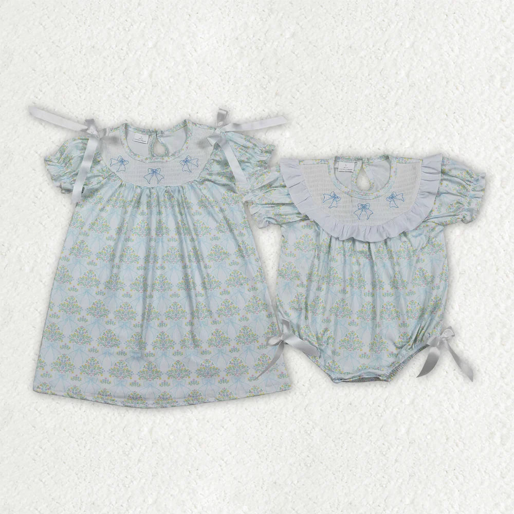 RTS Sibling Baby Girls Kids Short Sleeves Embroidery Smocked Bows Floral Bubble Romper Dress