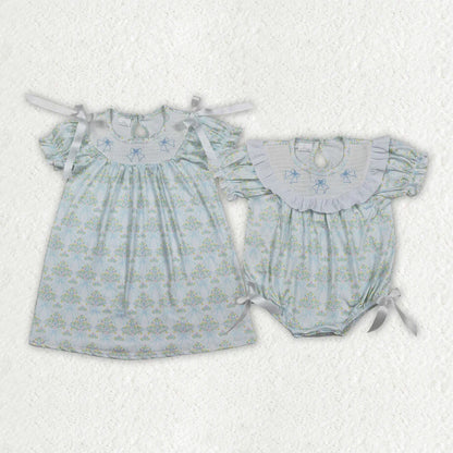 RTS Sibling Baby Girls Kids Short Sleeves Embroidery Smocked Bows Floral Bubble Romper Dress