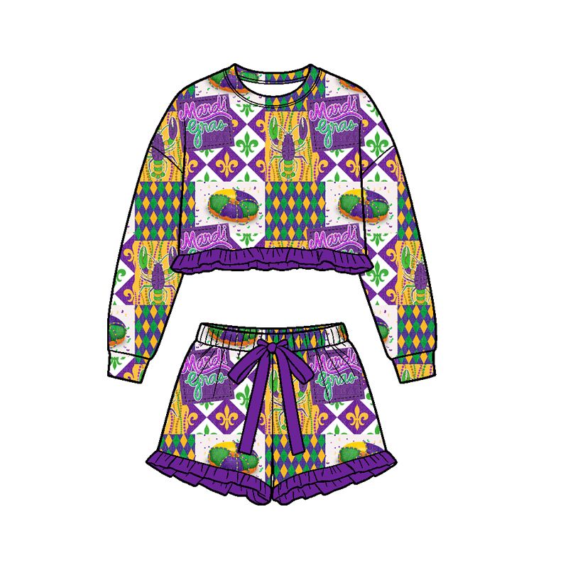 Moq 5 Preorder Baby Girls Kids Tractors Donuts Crayfish Shirt Shorts Set Mardi Gras Clothes