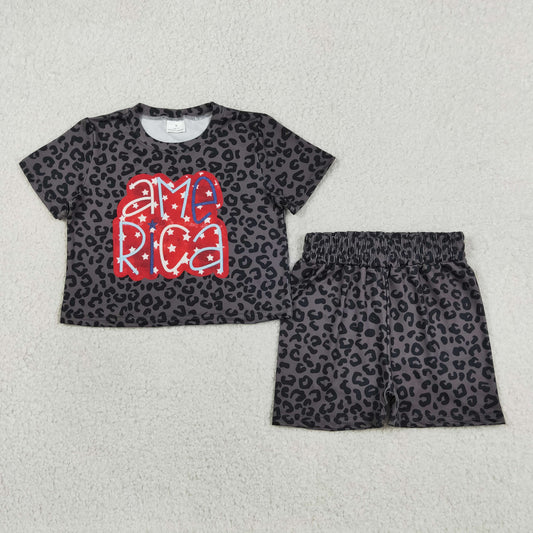 Baby Girls Kids Short Sleeves Black Leopard Tops Shorts 4th Of July Set