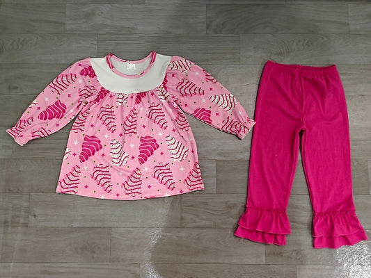 No moq Preorder Baby Girl Long Sleeves Cake Trees Tunic Pink Ruffle Pants Christmas Set