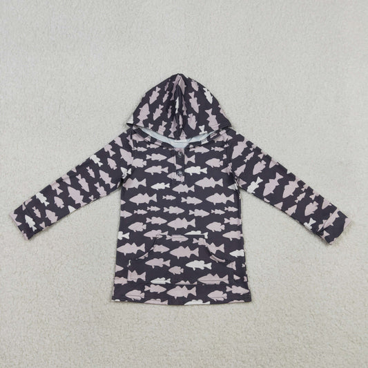 RTS Baby Boys Kids Long Sleeves Fish Buttons Pocket Hoodie Shirt