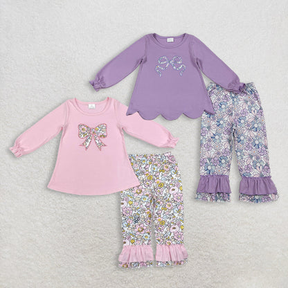 RTS Sibling Baby Girls Kids Long Sleeves Embroidery Bow Tops Flower Ruffle Pants Sets