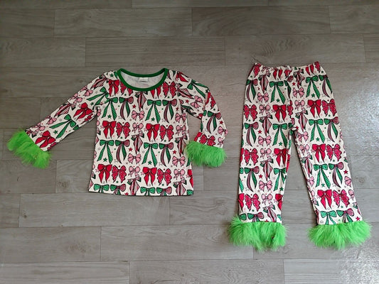 No moq Preorder Baby Girls Kids Christmas Bows Shirt Green Fur Pants Set Pajamas Clothes