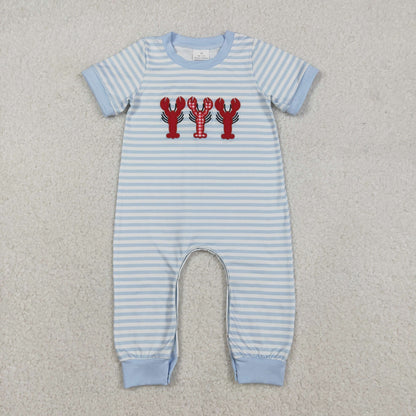 Sibling Baby Boys Kids Short Sleeves Embroidery Crawfish Blue Stripes Romper Set