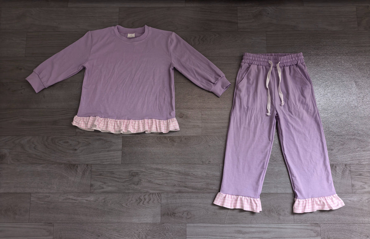 No moq Preorder Baby Girls Kids Long Sleeves Ruffle Shirt Pants Lavender Set Cotton Clothes