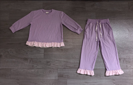No moq Preorder Baby Girls Kids Long Sleeves Ruffle Shirt Pants Lavender Set Cotton Clothes