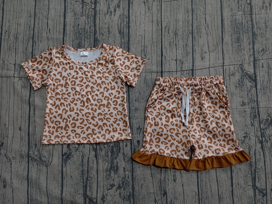 Preorder Baby Girls Kids Short Sleeves Leopard Shirt Pockets Shorts Summer Set