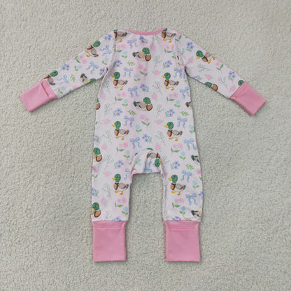 Sibling Baby Girls Kids Ducks Flower Bows Zipper Romper Pockets Set Clothes RTS