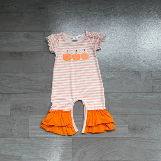 No moq Preorder Baby Girl Kids Embroidery Pumpkins Bows Stripes Romper Fall Clothes