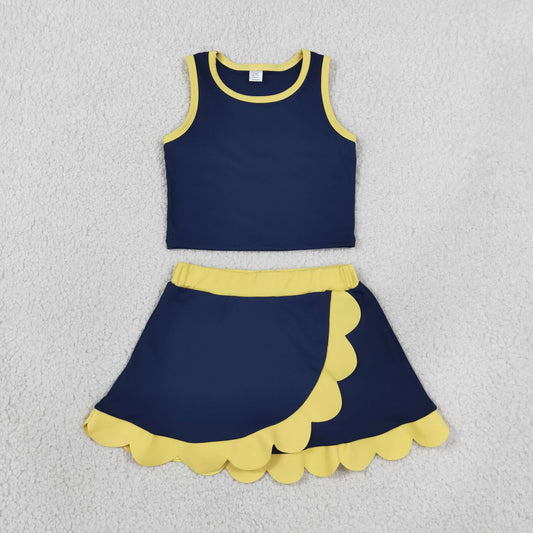 Baby Girls Kids Sleeveless Navy Shirt Scallop Skirt Shorts Yoga Active Set Clothes
