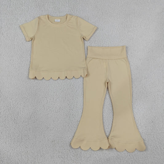 Baby Girls Kids Short Sleeves Cream Shirt Pants Scallop Set Cotton Clothes